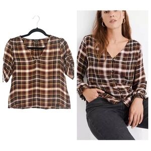 𝅺madewell Plaid Cinch Sleeve Top in Gwen Plaid Faded Rust Size XXS